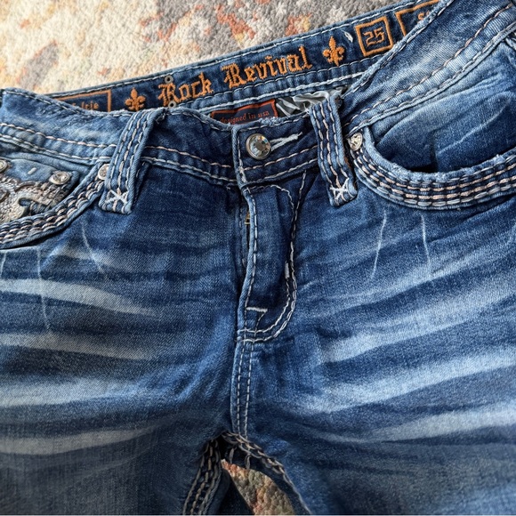 Rock Revival Jeans Size 25 Skinny Kelsie Rhinestone Thick Stitch Pockets Blue - Picture 9 of 10